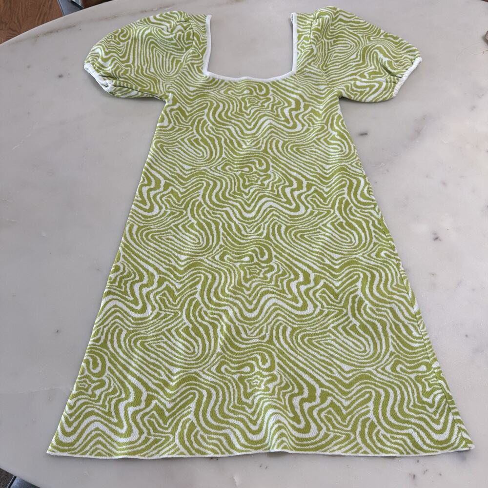 CIDER Green Sage Swirl Print Knitted Dress Puff Sleeves Square Neck Y2K Vacation